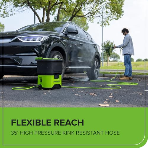 Greenworks 35ft high-pressure hose connectors shown for quick, secure setup.