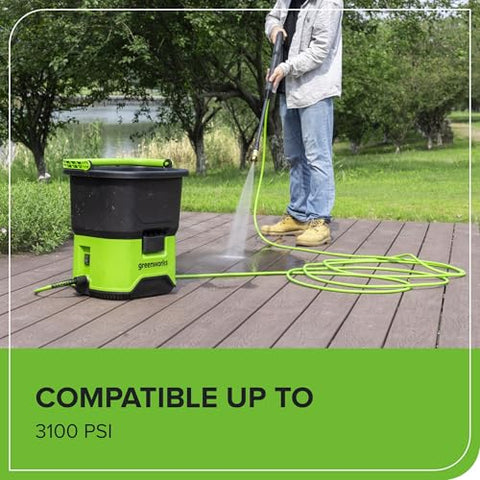 Greenworks 35ft hose with nozzle attachment enables precise spray for stubborn dirt.