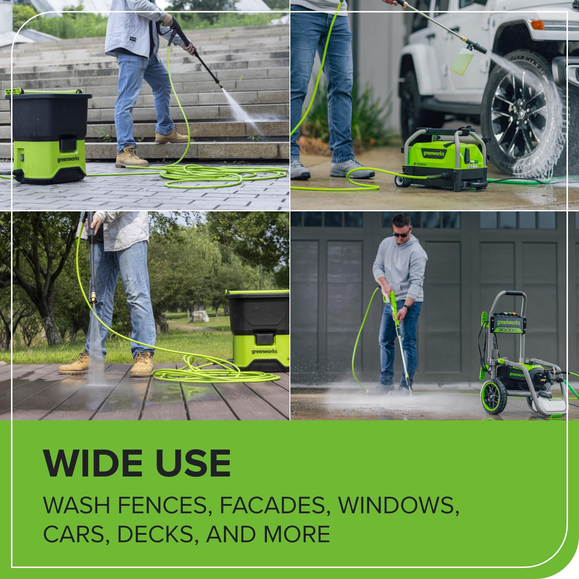 Greenworks 35ft hose stored neatly, saving space after cleaning tasks.