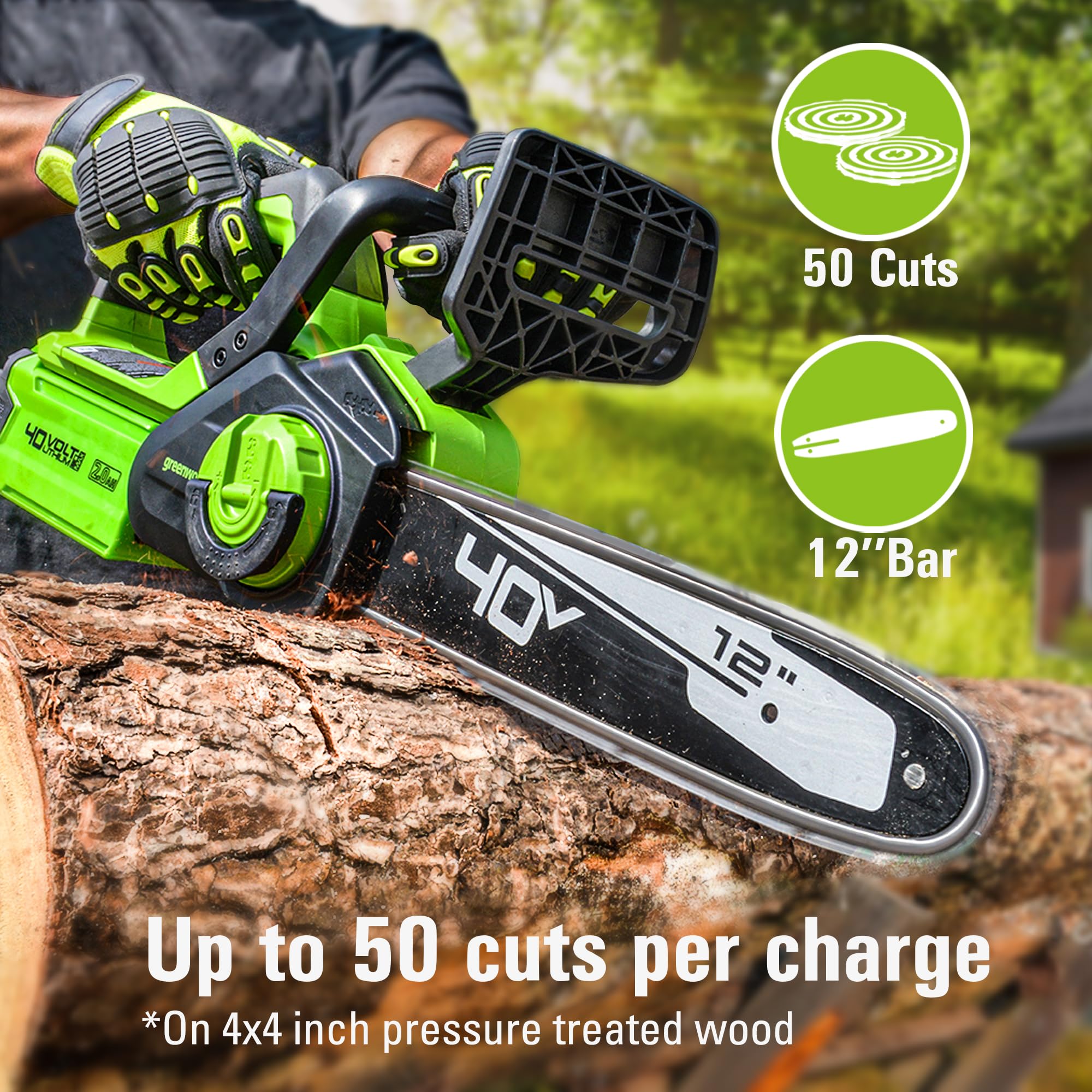 Greenworks 40V battery and charger included for ready-to-use setup.