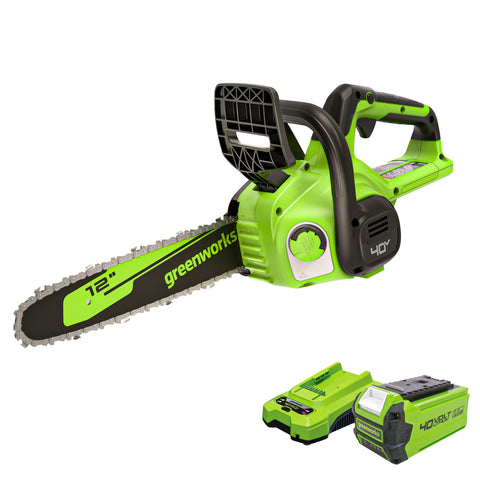 Greenworks 40V 12-Inch cordless chainsaw front view showing compact power for pruning tasks.