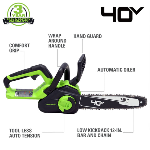 Greenworks 40V chainsaw side view highlighting lightweight design for easy handling.
