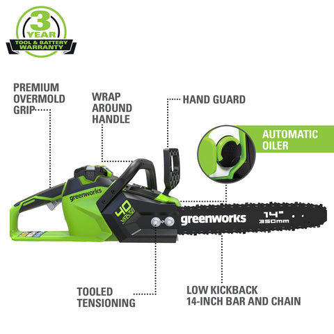 Greenworks 40V 14-Inch chainsaw with battery included for cordless convenience