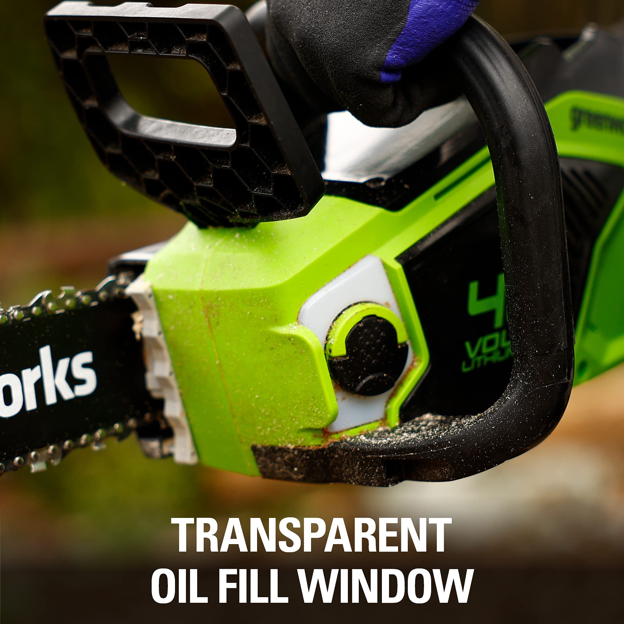 Greenworks 40V 14-Inch chainsaw scabbard included for safe transport