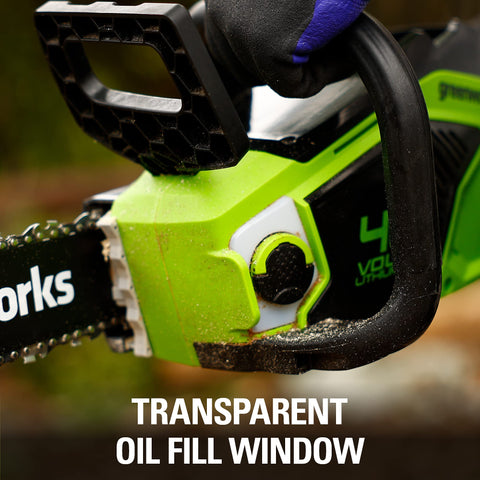 Greenworks 40V 14-Inch chainsaw scabbard included for safe transport