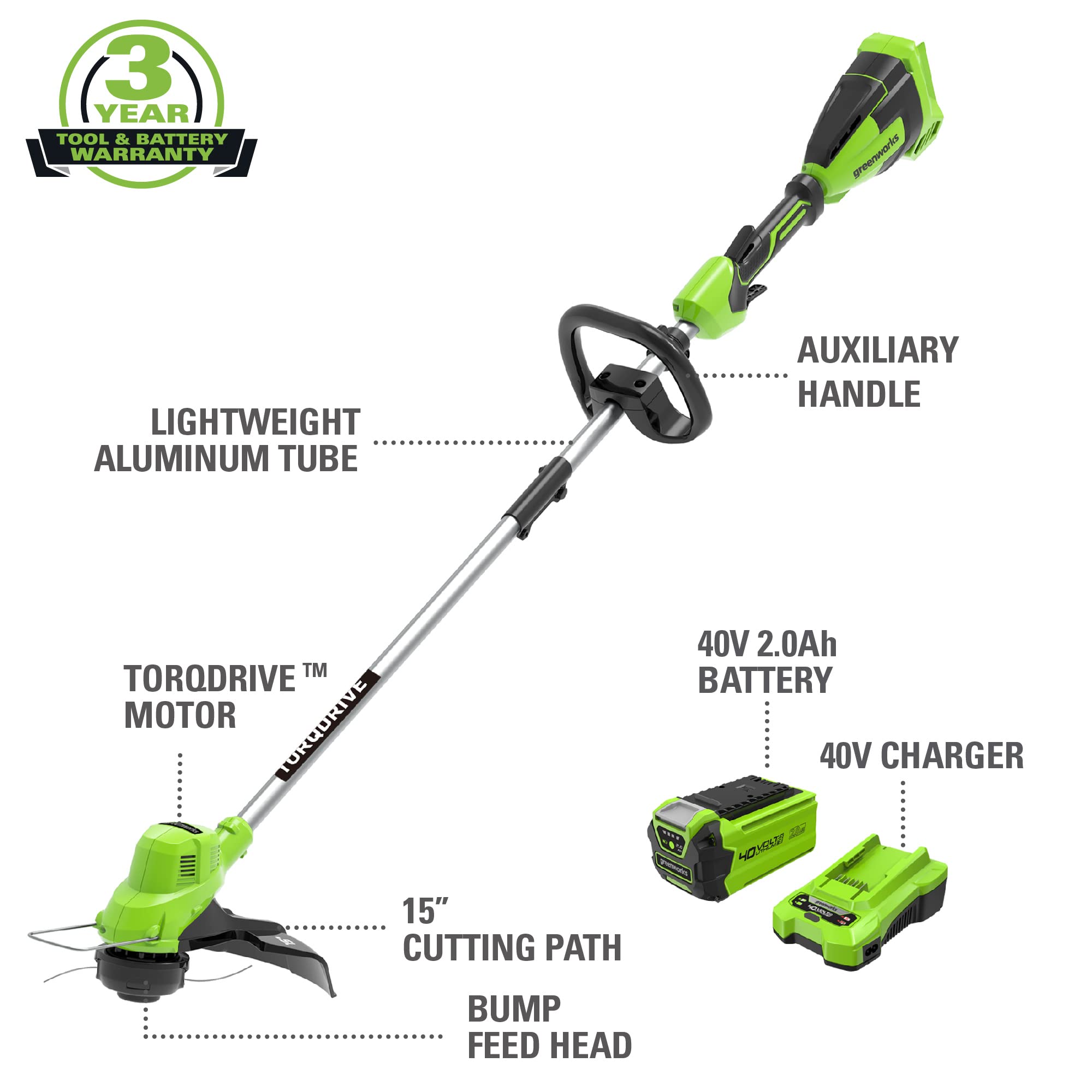 Greenworks 40V 15in trimmer bump-feed action speeds line advancement