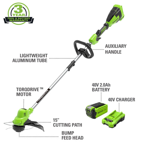 Greenworks 40V 15in trimmer bump-feed action speeds line advancement