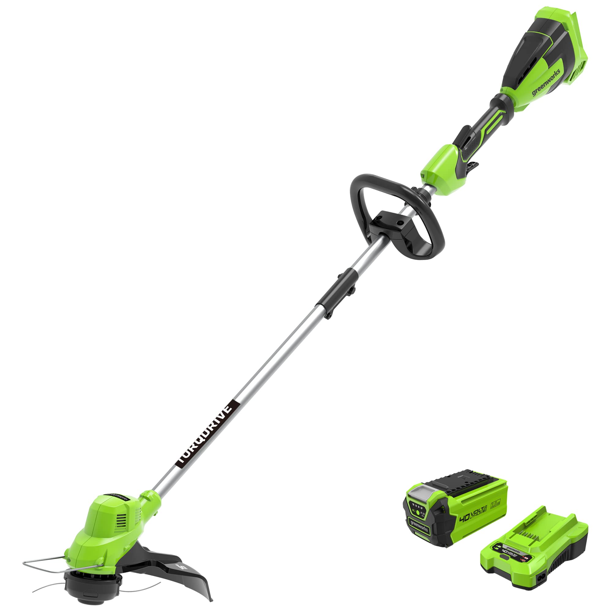 Greenworks 40V 15in trimmer cutting path for clean lawn edges around sidewalks