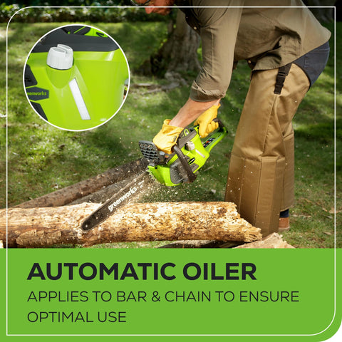 Greenworks 40V 16in automatic oiler shows low-maintenance lubrication.