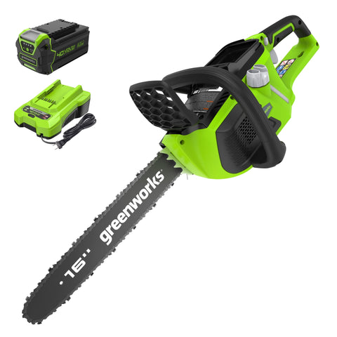 Greenworks 40V 16in brushless chainsaw close-up highlighting efficient cutting power.