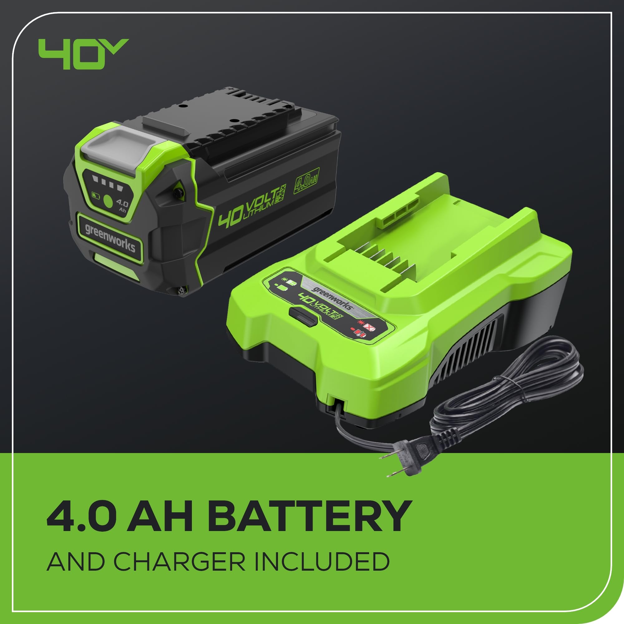 Greenworks 40V 16in ergonomic overmold grip for comfortable extended use.