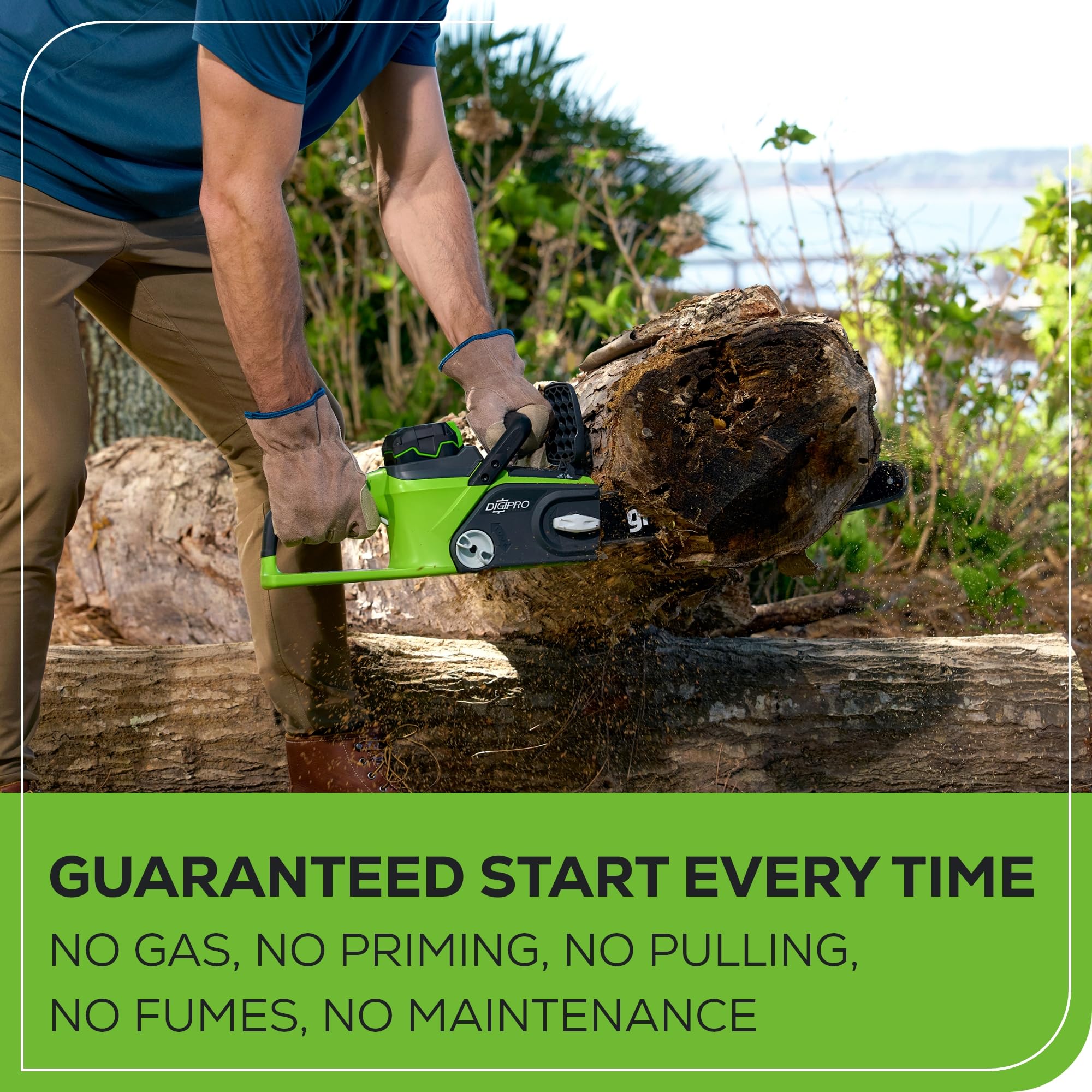Greenworks 40V 16in safety chain brake emphasizes safe operation.