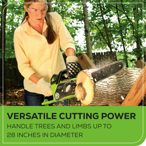 Greenworks 40V 16in tool-free chain tensioning simplifies adjustments.