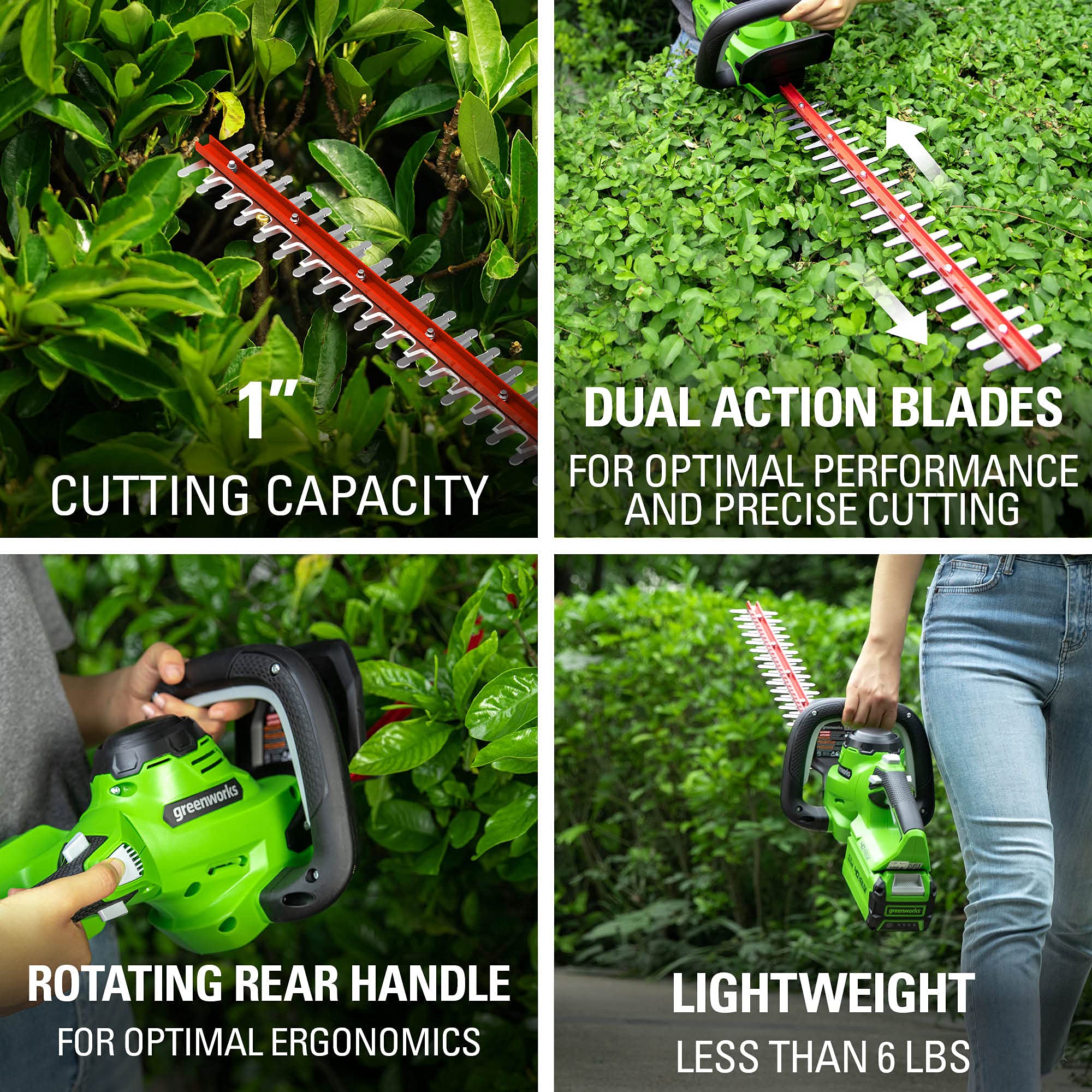 Greenworks 40V hedge trimmer 24-inch blades for fast trimming.