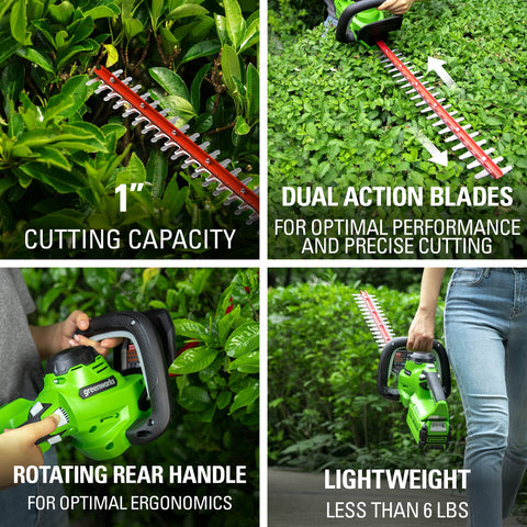 Greenworks 40V hedge trimmer 24-inch blades for fast trimming.