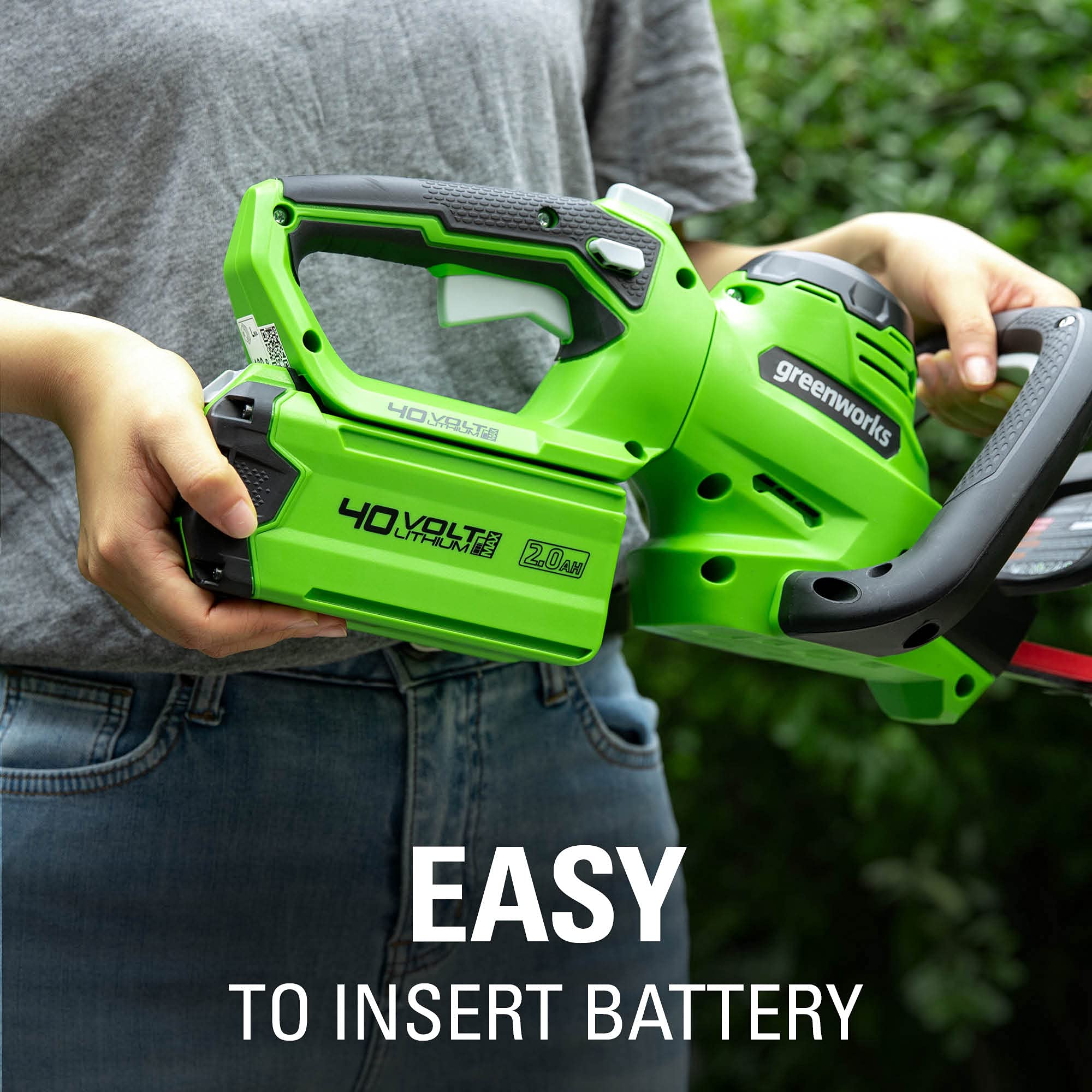 Greenworks 40V hedge trimmer battery not included, compatible with existing packs.