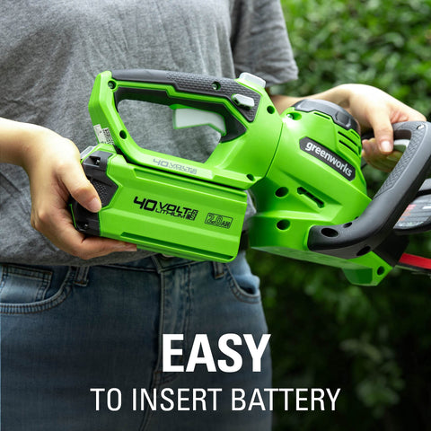 Greenworks 40V hedge trimmer battery not included, compatible with existing packs.