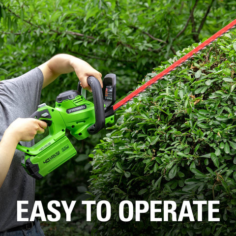 Greenworks 40V hedge trimmer extended cut for long reach.