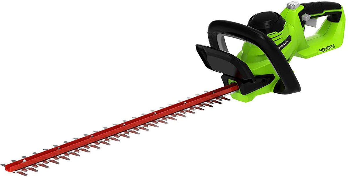 Greenworks 40V hedge trimmer front view for easy cordless trimming.