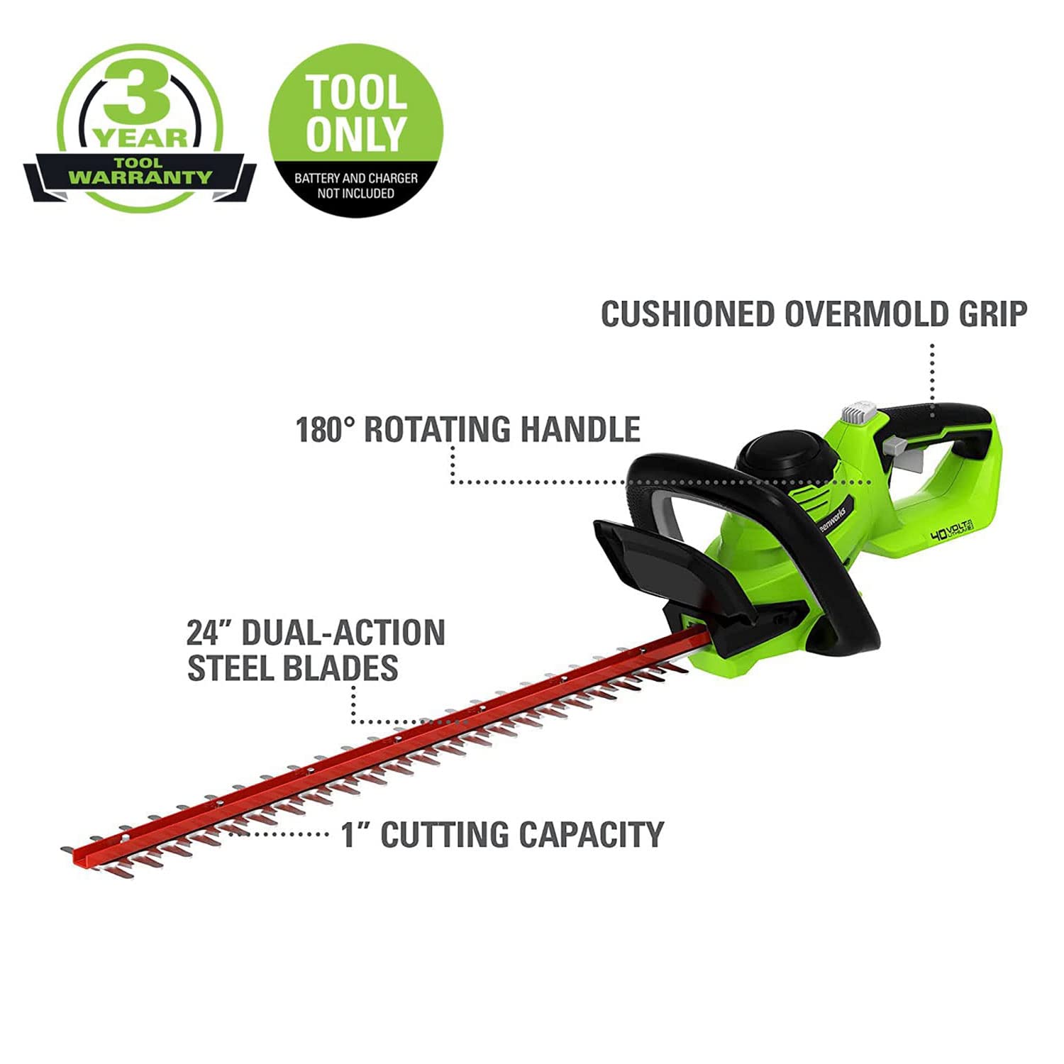 Greenworks 40V hedge trimmer side angle for precise hedge shaping.