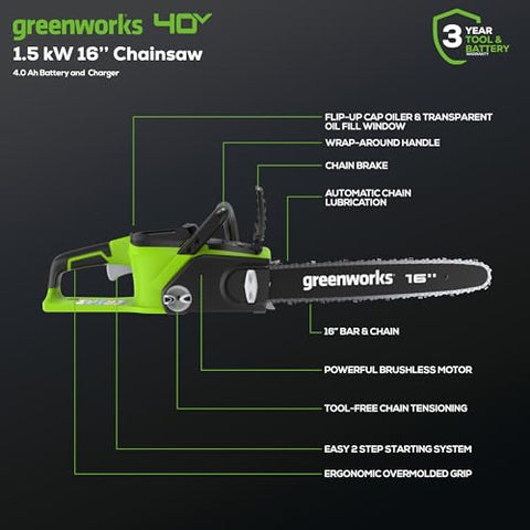 Greenworks 40V 4Ah battery image highlights long runtime for bigger projects.