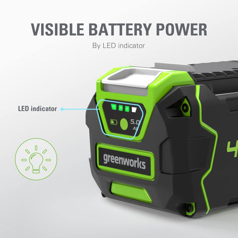 Greenworks 40V 5Ah battery charging dock highlighting fast recharge and minimal downtime.