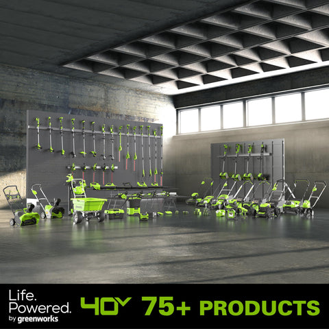 Greenworks 40V 5Ah battery in use emphasizes eco-friendly, emission-free power.