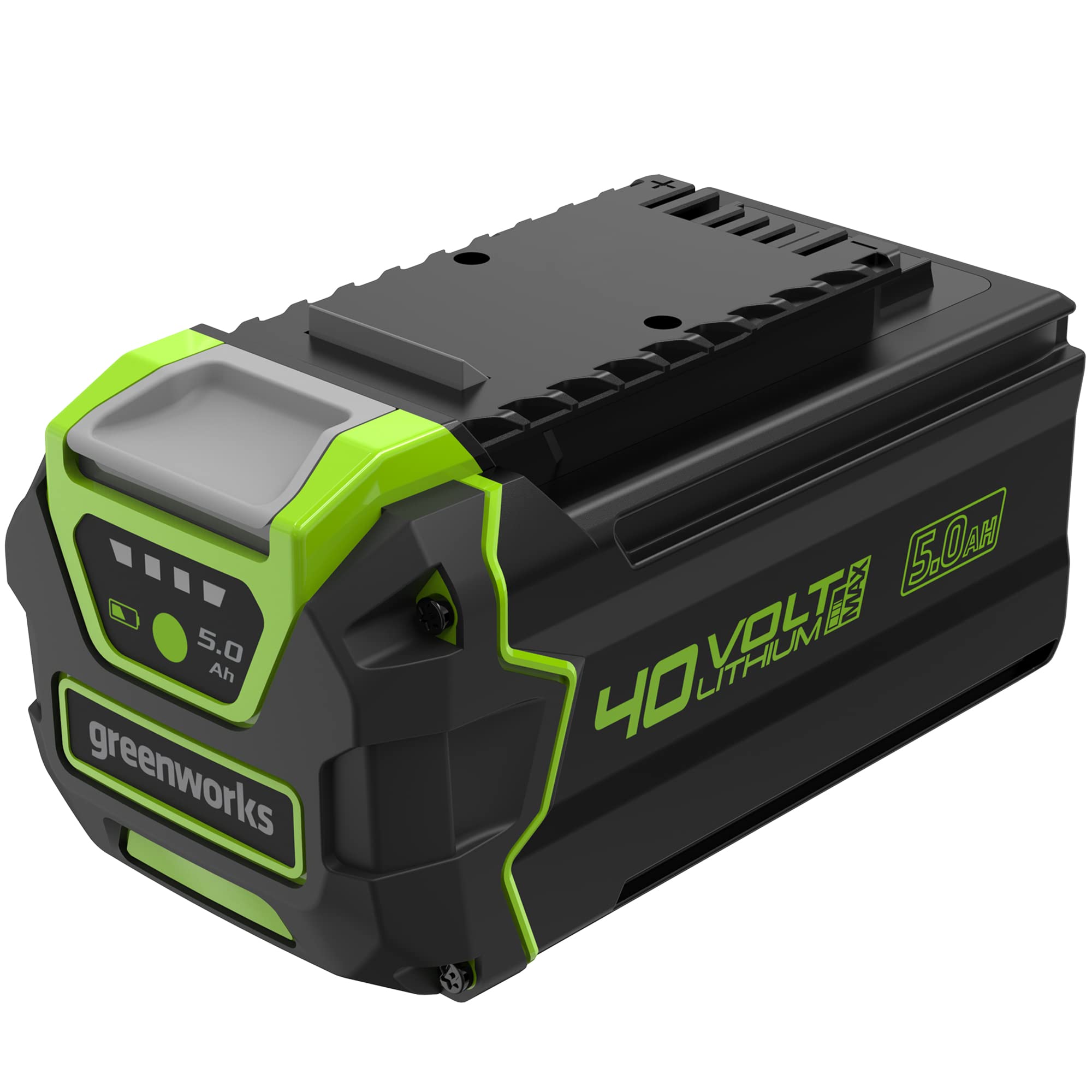 Greenworks 40V 5Ah battery front view showing compact, portable power for yard tools.