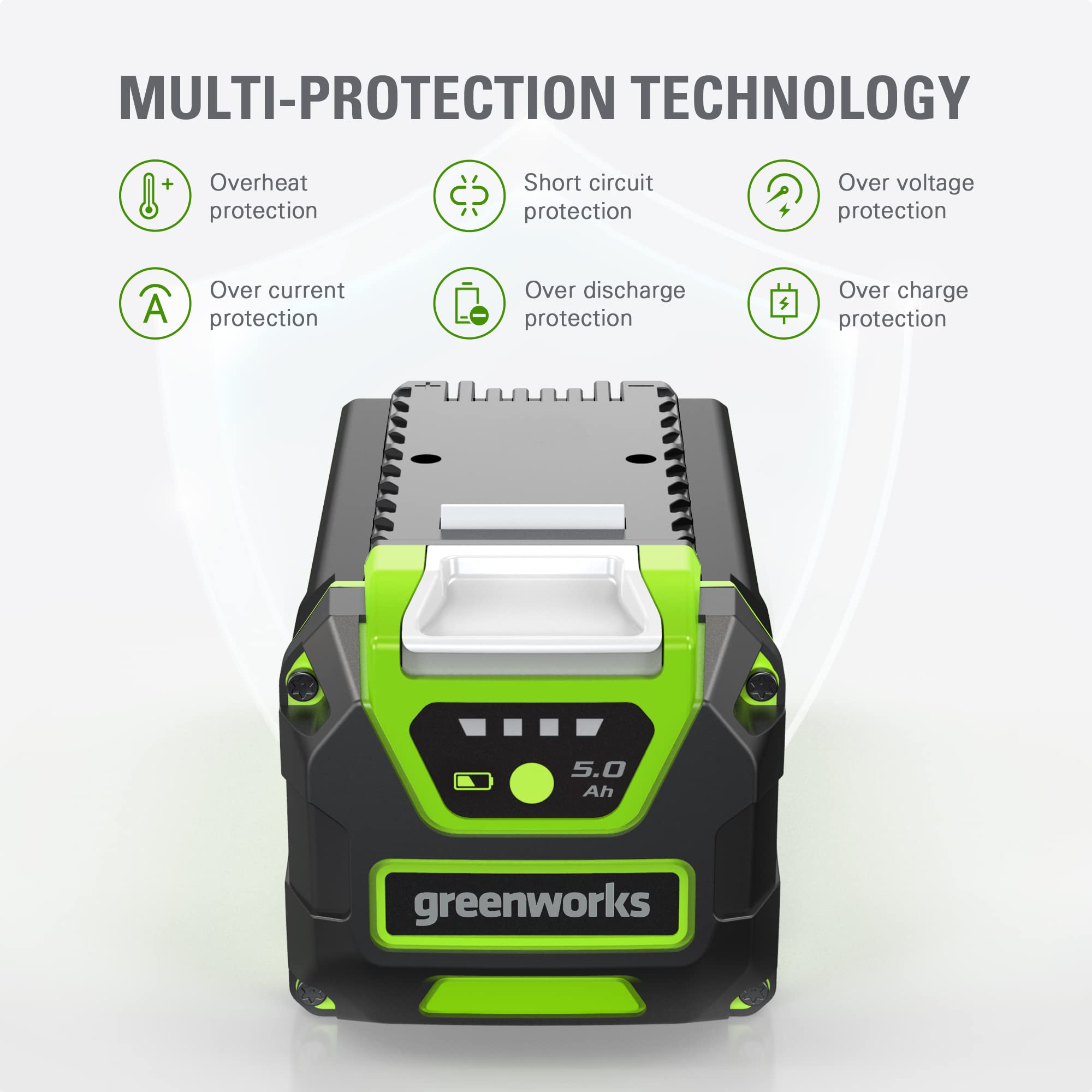 Greenworks 40V 5Ah battery in-tool demonstrates easy snap-in connection for quick tool swaps.