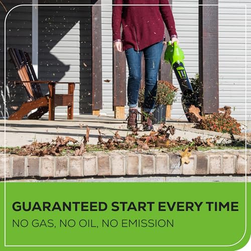 Greenworks 40V axial leaf blower air stream demonstrates strong airflow for debris clearing.