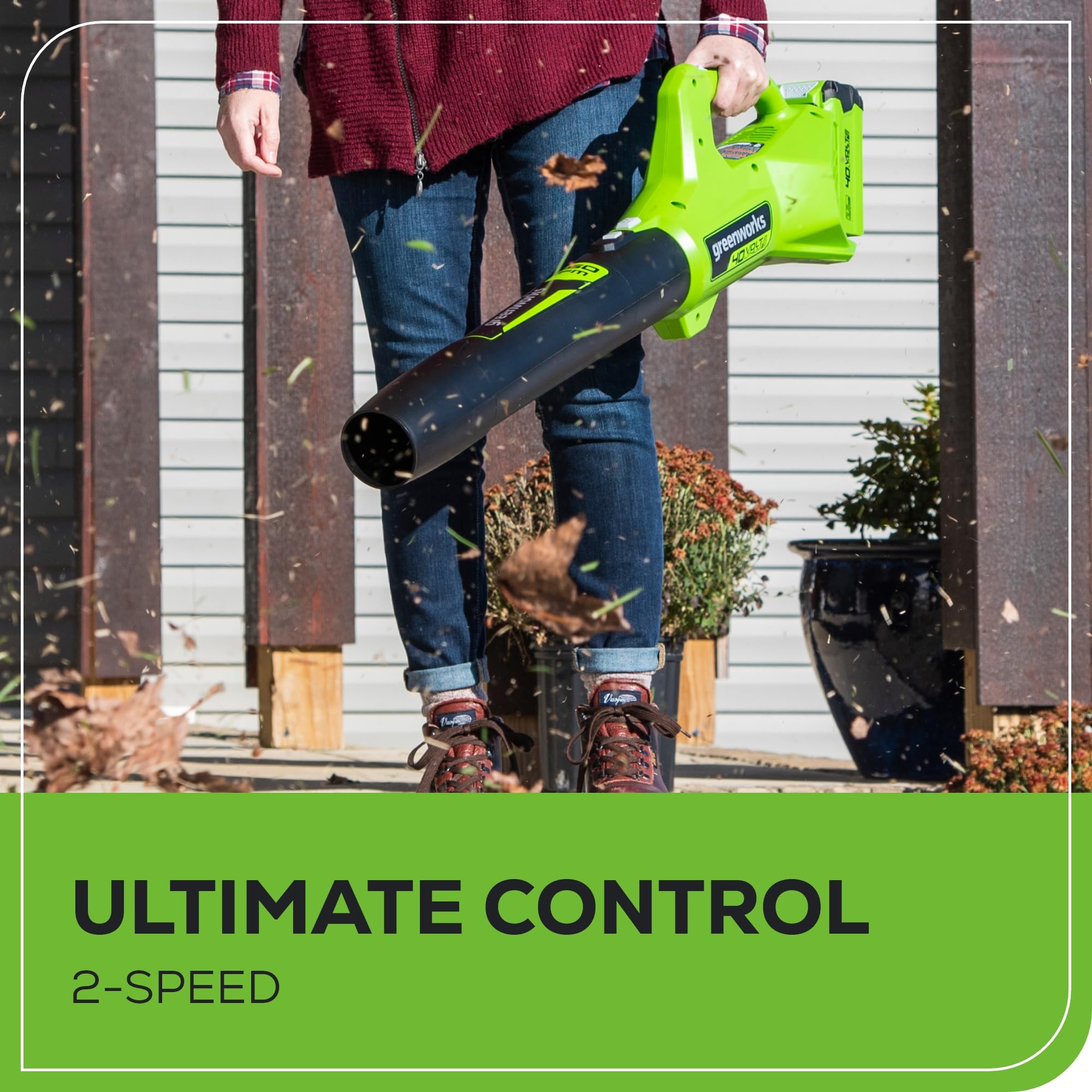 Greenworks 40V axial leaf blower with battery and charger included for ready use.
