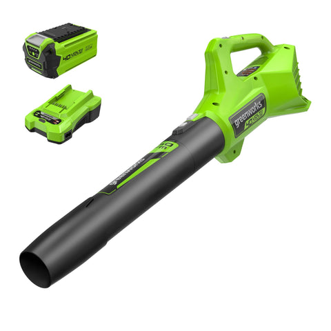 Greenworks 40V axial leaf blower front view shows compact power for quick yard cleanup.