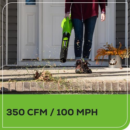 Greenworks 40V axial leaf blower powering through a deck cleanup outdoors.