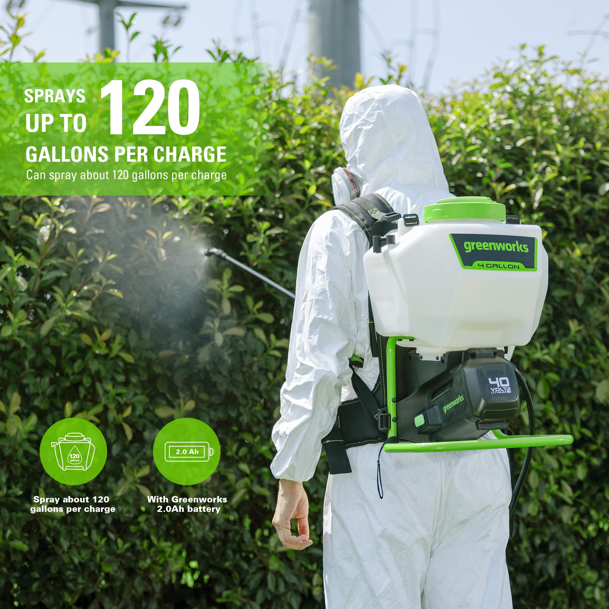 Greenworks 40V backpack sprayer with 25 ft range for large areas.