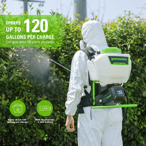 Greenworks 40V backpack sprayer with 25 ft range for large areas.