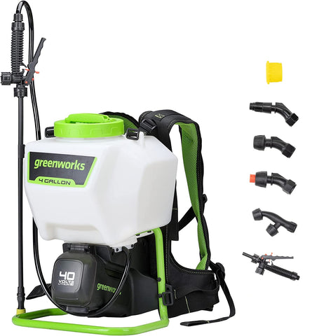 Greenworks 40V backpack sprayer demonstrates 70 PSI for efficient coverage.