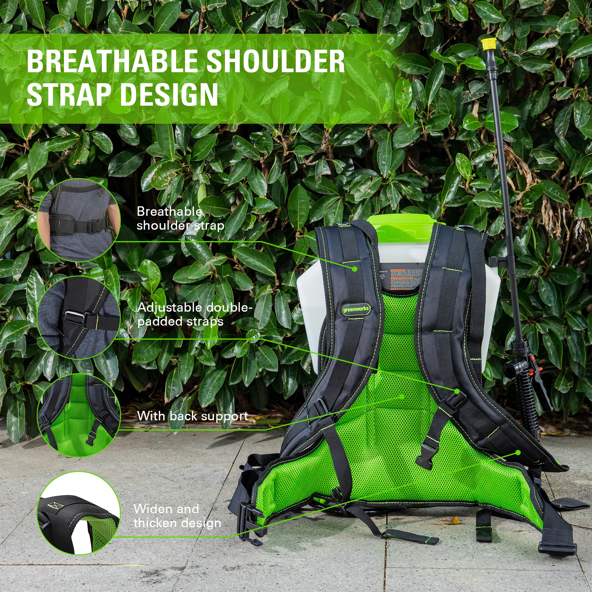 Greenworks 40V backpack sprayer ergonomic straps reduce fatigue during long tasks.