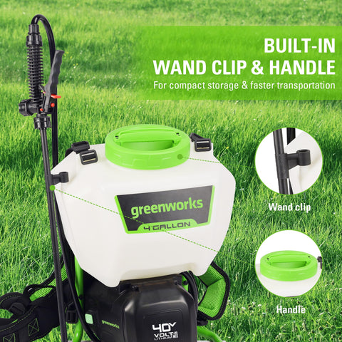 Greenworks 40V backpack sprayer includes five spray tips for versatility.