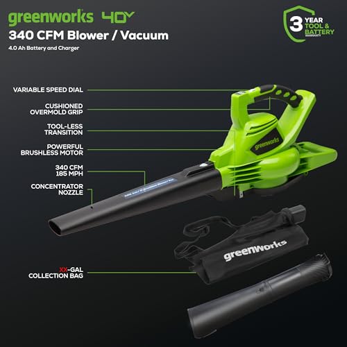 Greenworks 40V 4Ah battery and charger provide reliable, ready power.