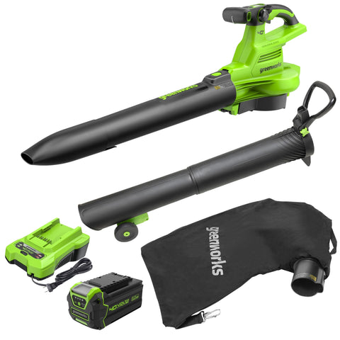 Greenworks 40V brushless blower front view shows compact design for easy yard cleanup.