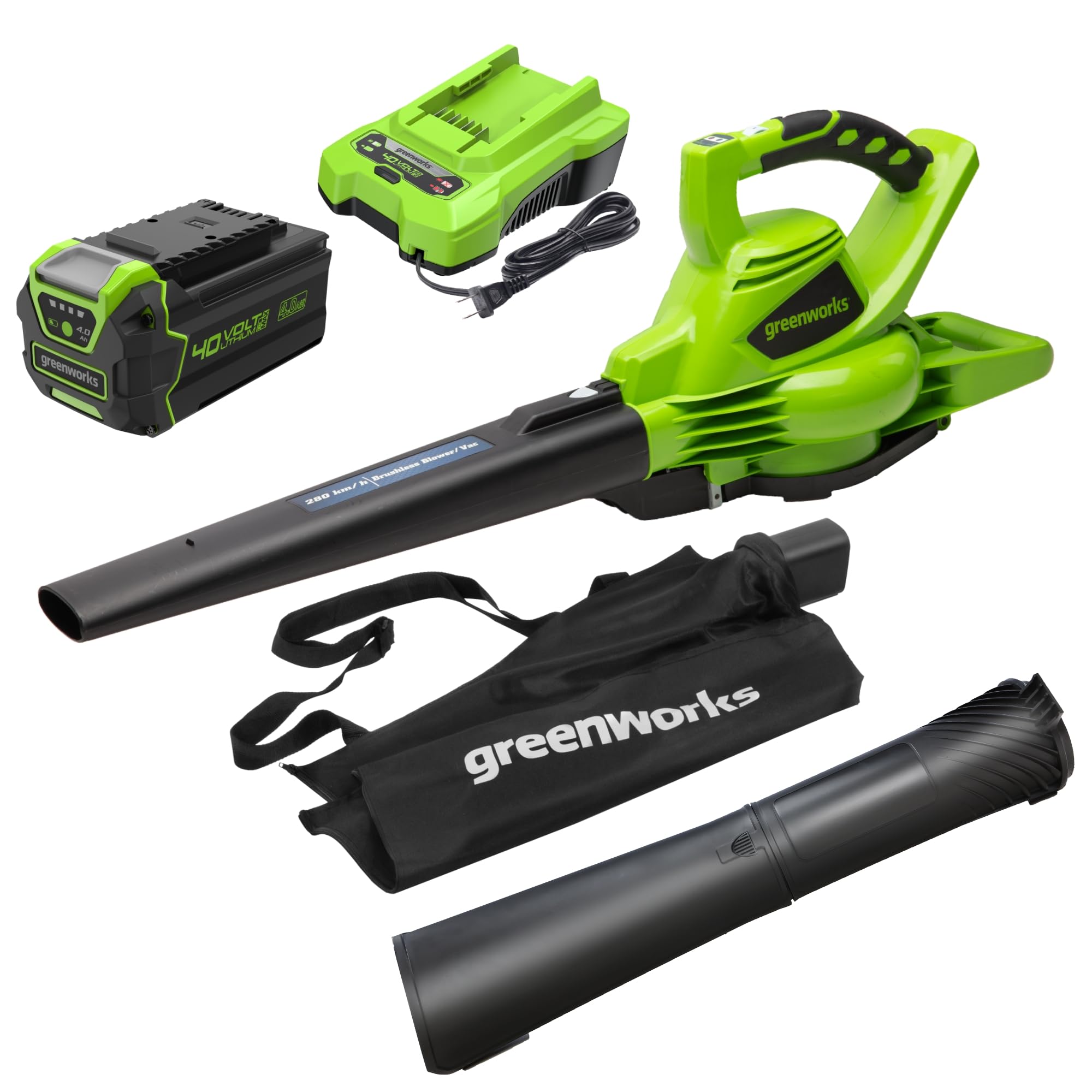 Greenworks 40V brushless blower/vacuum unit delivers efficient yard cleanup.