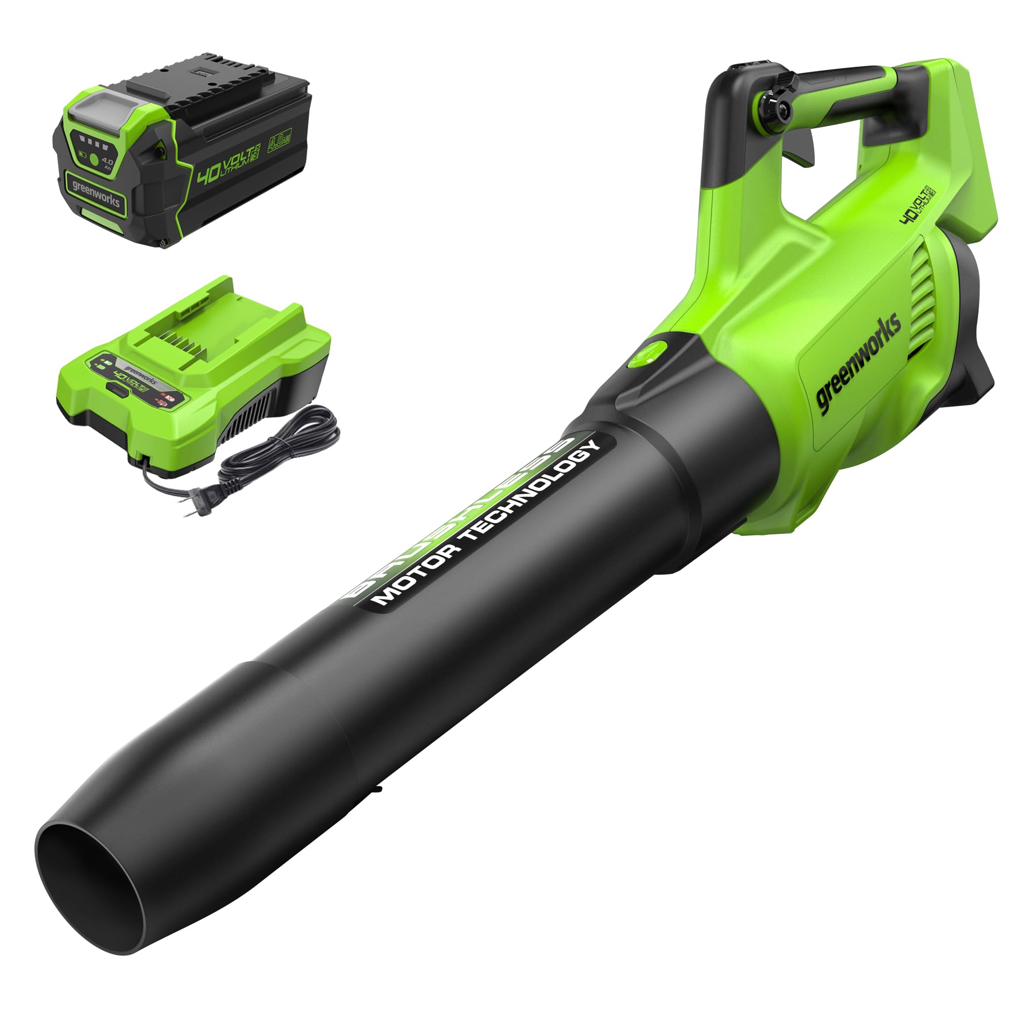 Greenworks 40V brushless leaf blower front view for easy yard cleanup