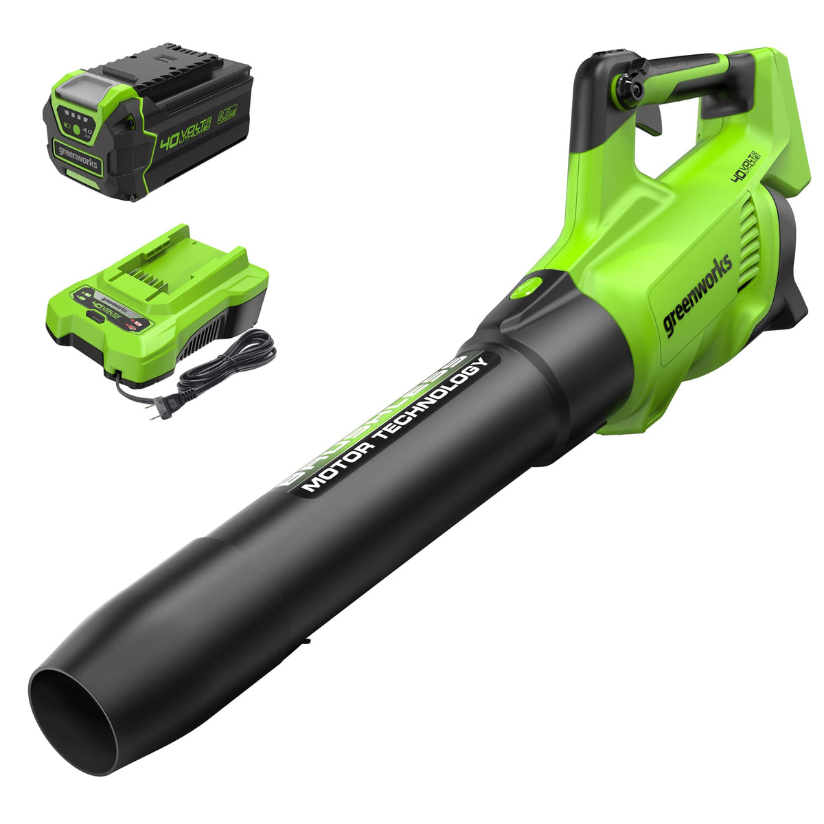 Greenworks 40V brushless leaf blower front view for easy yard cleanup