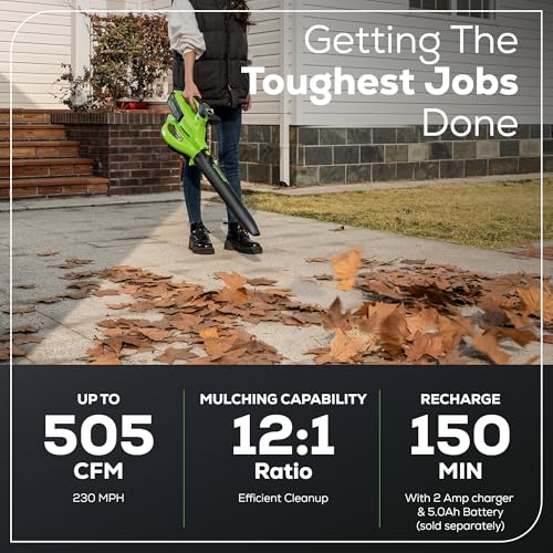 Greenworks 40V blower-vacuum 505 CFM cyclonic airflow tackles debris.