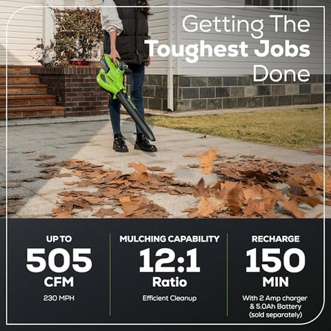 Greenworks 40V blower-vacuum 505 CFM cyclonic airflow tackles debris.