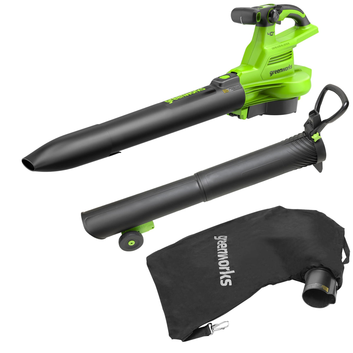 Greenworks 40V brushless blower-vacuum front view for easy yard cleanup.
