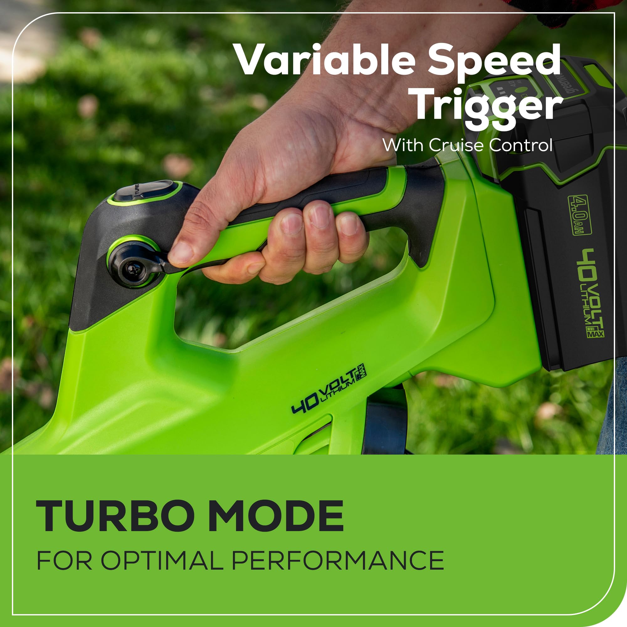 Greenworks 40V blower clearing wet leaves and gravel from driveways with strong airflow
