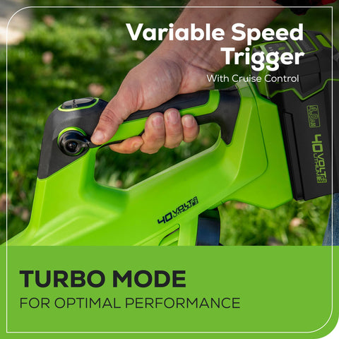 Greenworks 40V blower clearing wet leaves and gravel from driveways with strong airflow