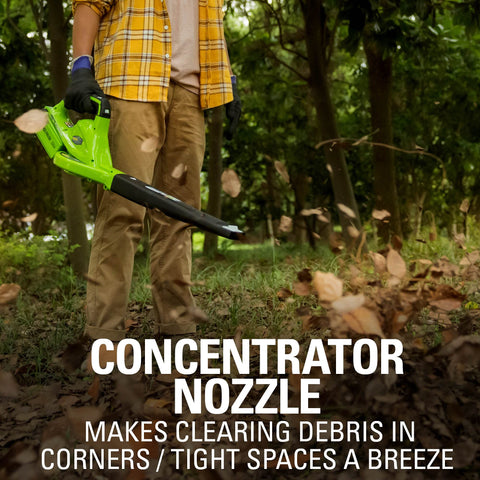 Greenworks 40V leaf blower in use on a patio for debris removal