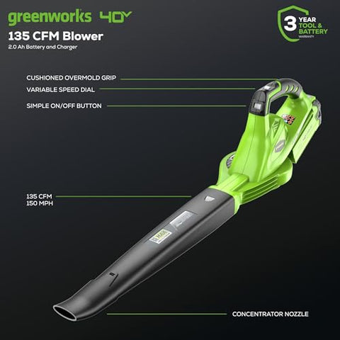 Greenworks 40V blower with concentrator nozzle for precise debris removal.